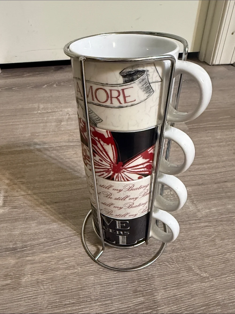 Pier 1 Imports Ceramic Stacking Mugs - Be Still My Beating Heart Rack Set of 4
